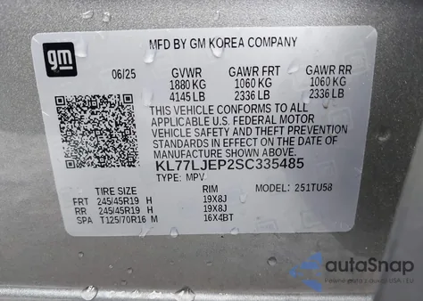 2025 Chevrolet Trax Fwd 2Rs z USA, uszkodzony, nr VIN KL77LJEP2SC335485